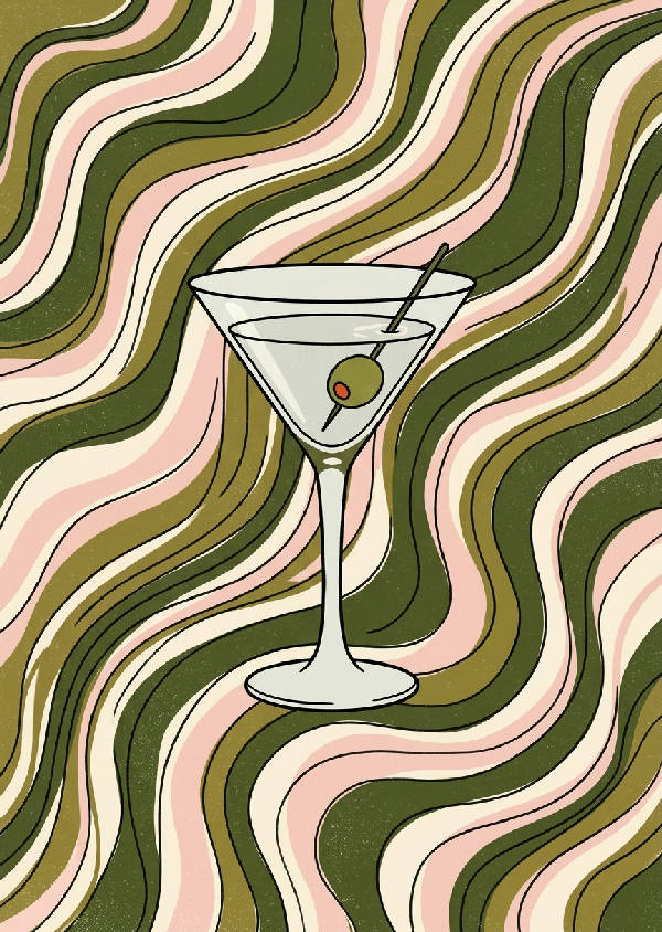 Närbild av en retroillustrerad grön martini med vågiga mönster i 70-talsstil och bubblor.