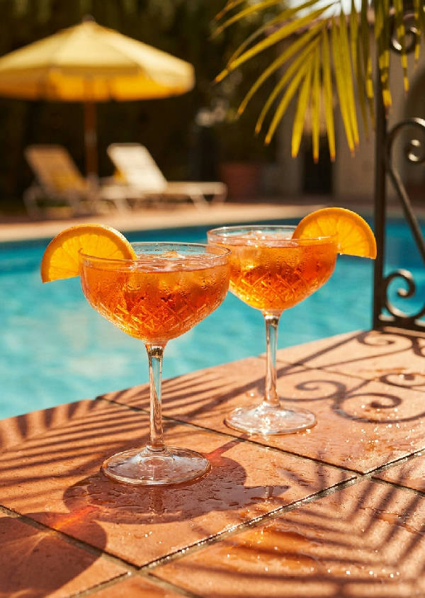 Halvtomma kristallkupongglas med orange spritz på våta terrakottaplattor vid en pool. Retro 70-tals skuggor, glittrande vattendroppar, soldränkt scen.