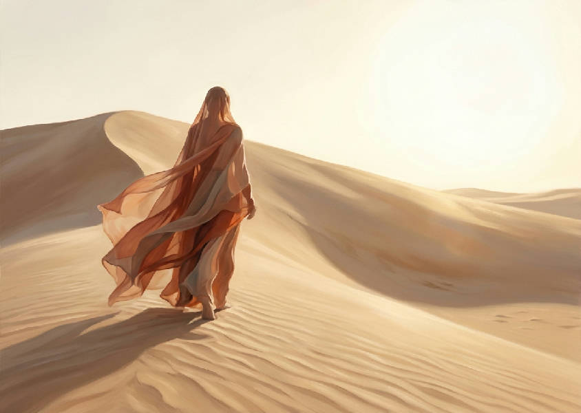 Abstrakt oljemålning av en ensam figur i böljande terrakotta-tyger på stora sanddyner under en krämig beige himmel.