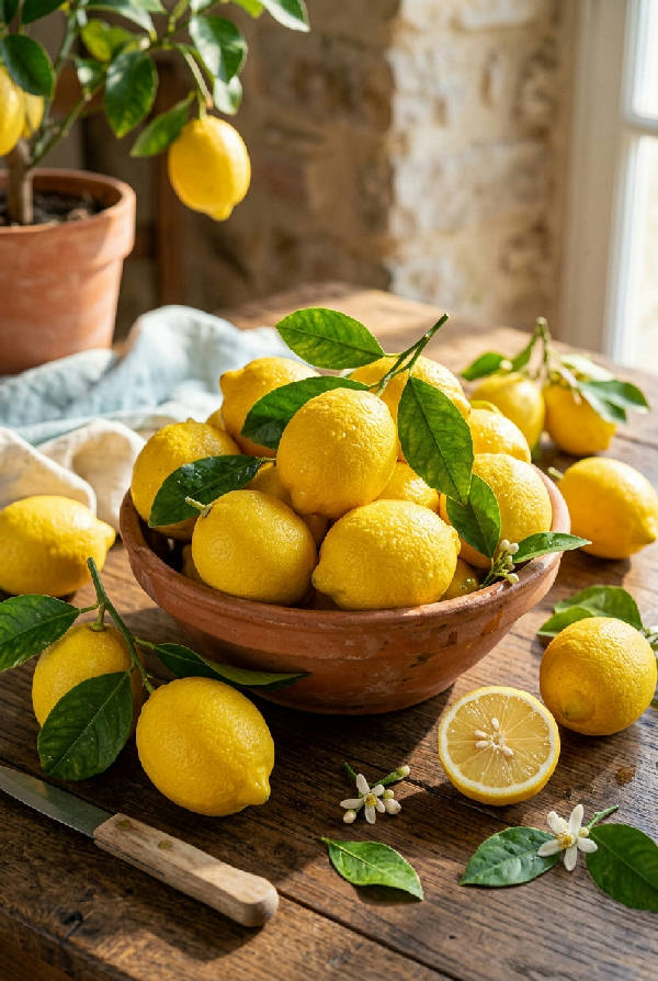 Närbild av soliga, gula citroner arrangerade i ett klassiskt stilleben mot en ljus bakgrund.