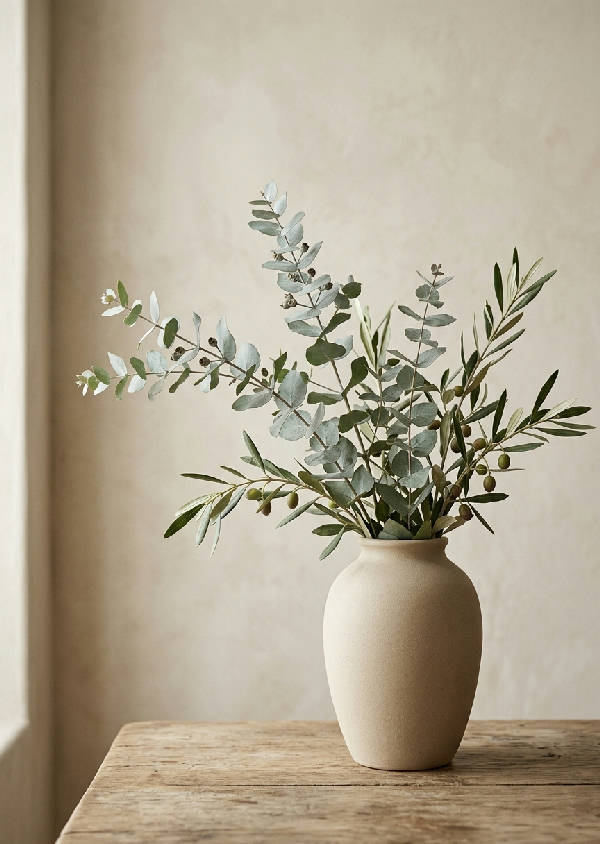 Elegant botanisk stillbild med eukalyptus och olivkvistar i en svart vas mot en beige bakgrund.