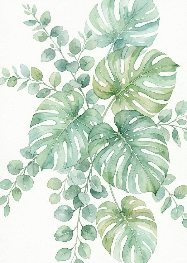 Detaljerad botanisk akvarellmålning föreställande gröna blad och skira blommor i porträttformat med mjuka penseldrag.