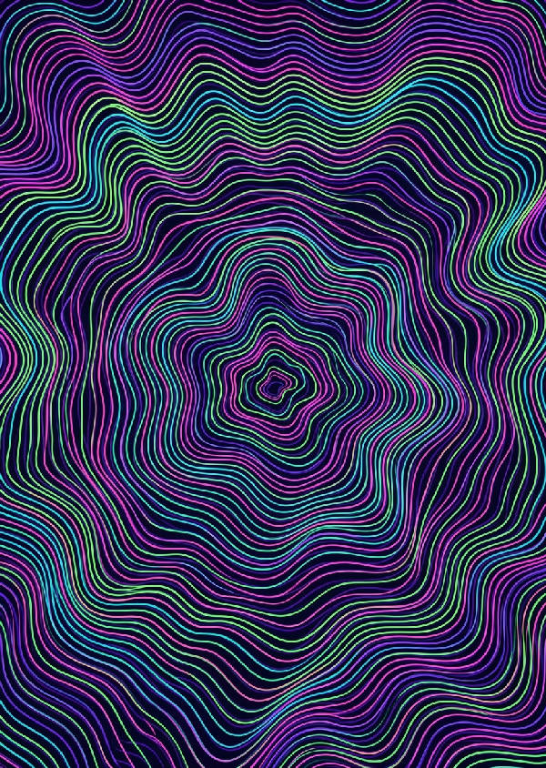 Neon linjekonst, topografisk karta, ljudvågsmönster. Rosa, grön, cyan, violett glöd på mörk. Optisk illusion. Liggande.