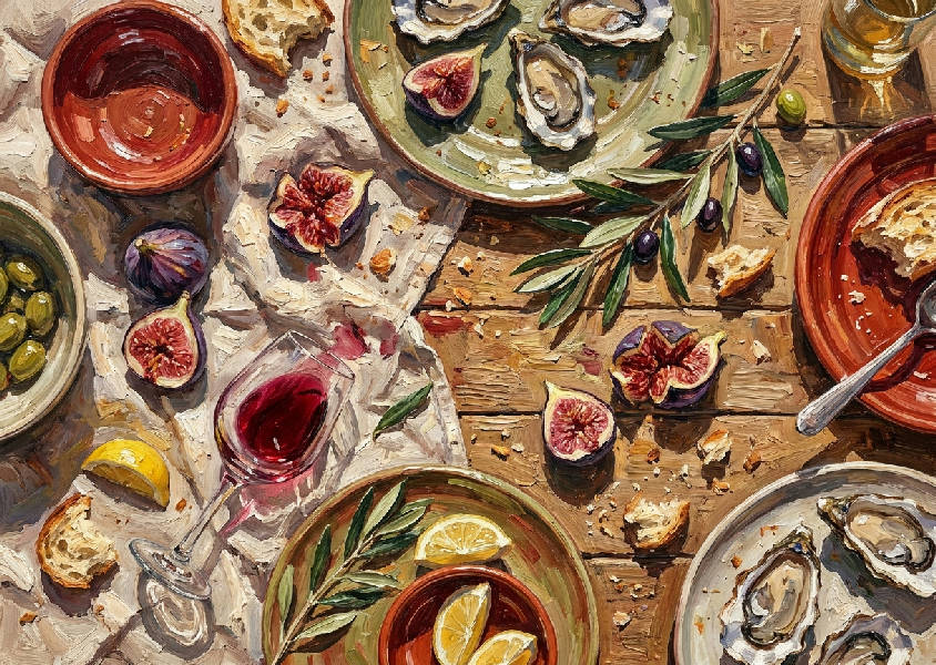 Uttrycksfull impasto oljemålning av ett stökigt medelhavsbord: fikon, ostron, spillt vin, brödsmulor. Varmt karminrött, terrakotta, olivgrönt.