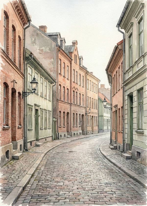 Akvarellmålning av den kullerstensbelagda gatan Haga Nygata kantad av 1800-tals tegelhus i Göteborg i mjukt morgonljus. Ingen snö, inga människor.