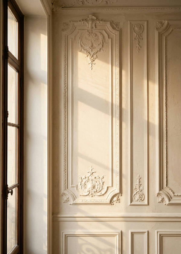 Närbild av detaljerad parisisk jugendstuckatur i vit med dramatiska solskuggor på en ljus vägg.