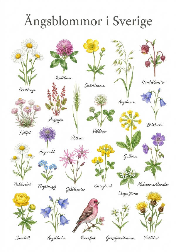 Detaljerad minimalistisk botanisk illustration av över 20 svenska ängsblommor samlade på vit bakgrund, varje blomma märkt med sitt svenska namn.