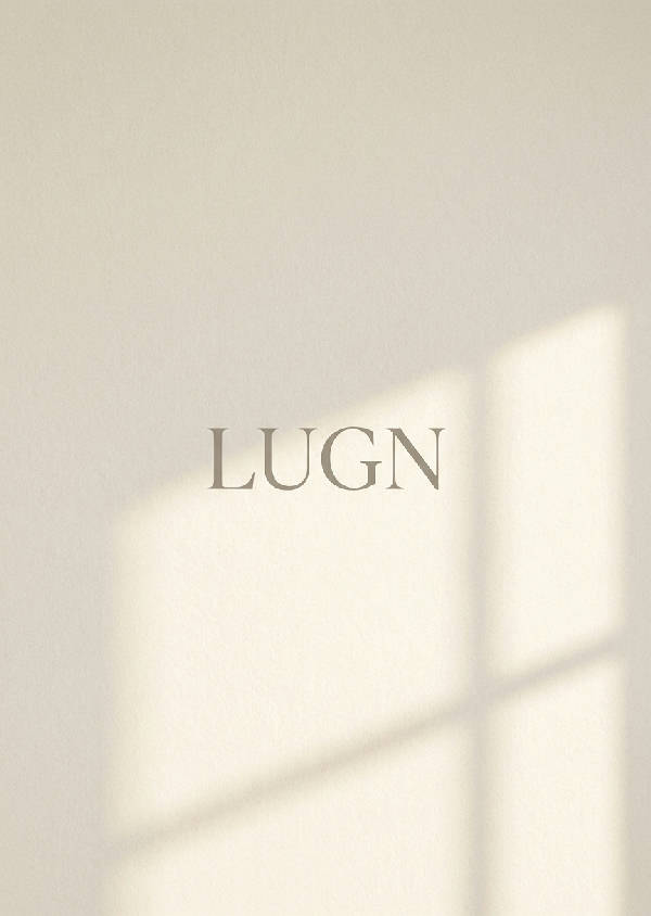 Hyperrealistisk minimalistisk poster med ordet 'LUGN' i ett raffinerat modernt typsnitt.