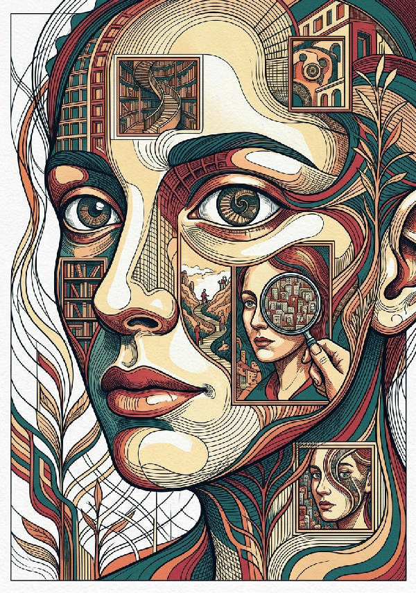 Abstrakt linjekonst med upprepande former och bilder inuti bilder på vit bakgrund, skapar en optisk illusion och surrealistisk känsla