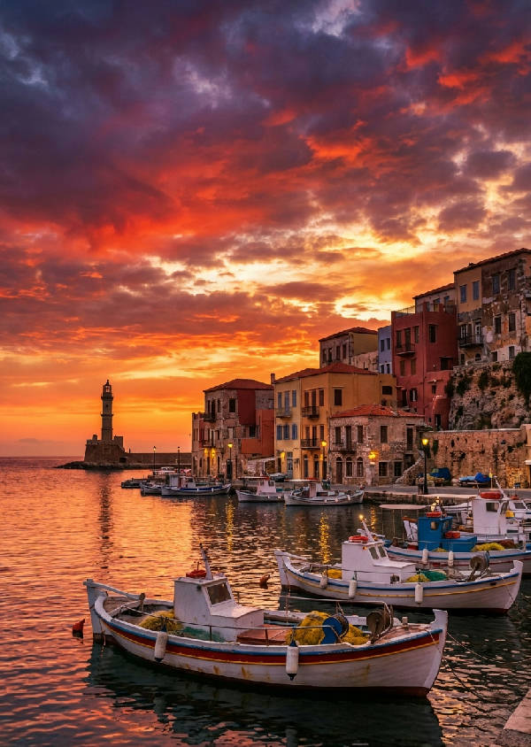 Hyperrealistisk solnedgång över Chanias klippor, orange Venedig-byggnader, fiskebåtar, fyr, röd och lila himmel.