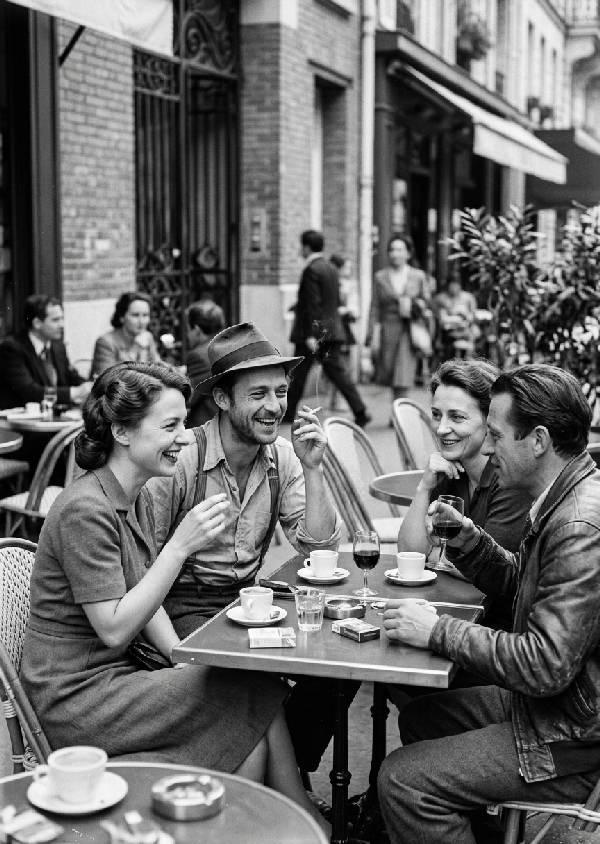 Svartvitt foto av ett sällskap i trettioårsåldern på en uteservering i Frankrike på 1940-talet, konversation och cigaretter