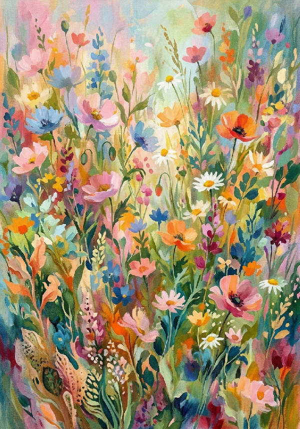 Abstrakt tolkning av en blomsteräng med mjukt blandade lila, rosa och gula färger i stående format