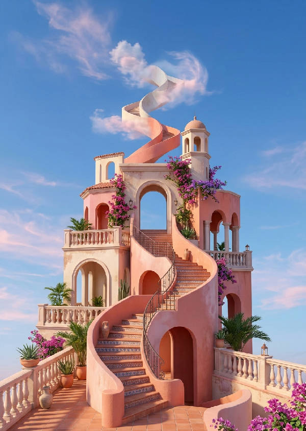 Vertikal bild av en surrealistisk trappa med oändliga steg i mjuka pastellfärger som lila, rosa och blått, med en drömlik atmosfär.