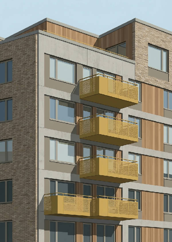 Stiliserad illustration av en Malmö bostadshusfasad från Västra Hamnen med modern arkitektur och färgstarka detaljer.