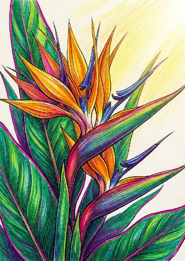 Expressiv linjekonstillustration av en levande paradisfågelblomma. Magenta, smaragdgrön, solgul och djuplila kronblad.