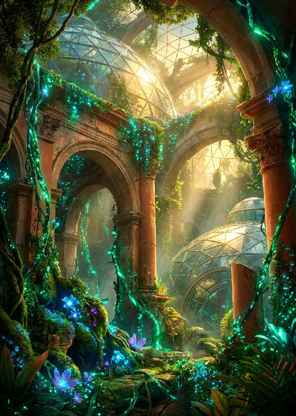 Digitalskapad collage med klassiska renässansbågar, lysande tealfärgade bioluminescerande rankor och futuristiska glasdomer.