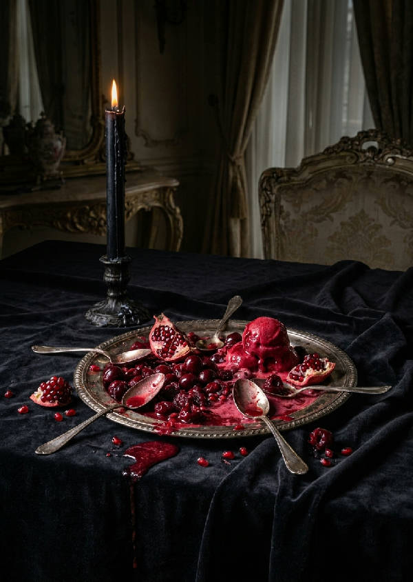 Dekadent stilleben: krossade röda körsbär, granatäpple, smält röd sorbet, ärgade silverskedar, svart ljus på mörk sammet.