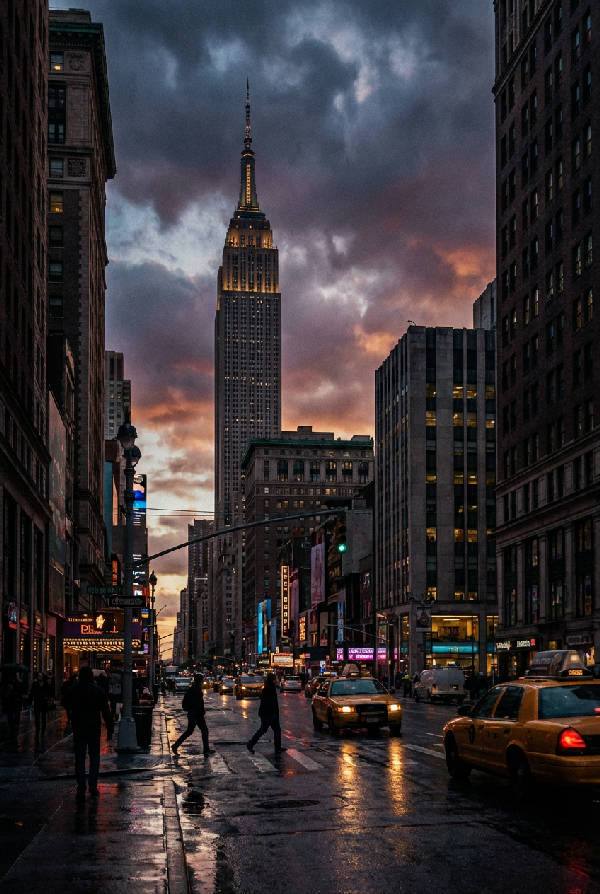 Vertikal bild av New York Citys skyline vid skymningen, med upplysta skyskrapor och en djupblå himmel som reflekteras i en flod