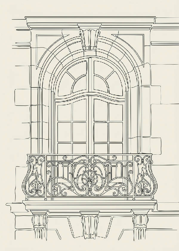 Detaljerad linjekonst illustration av ett franskt valv med utsmyckade detaljer och pelare i en porträttorientering