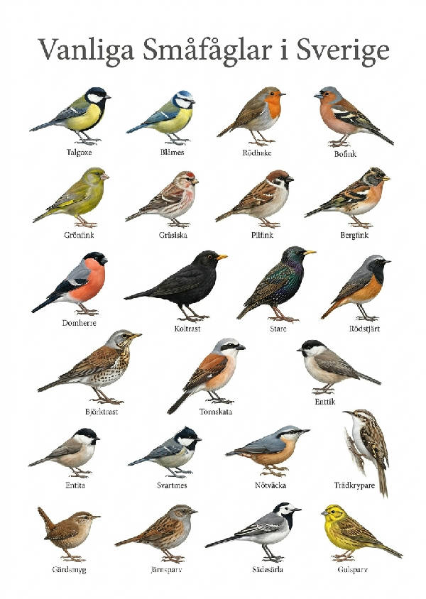 Zoologisk illustration av över 20 svenska småfåglar som talgoxe, blåmes och rödhake på vit bakgrund