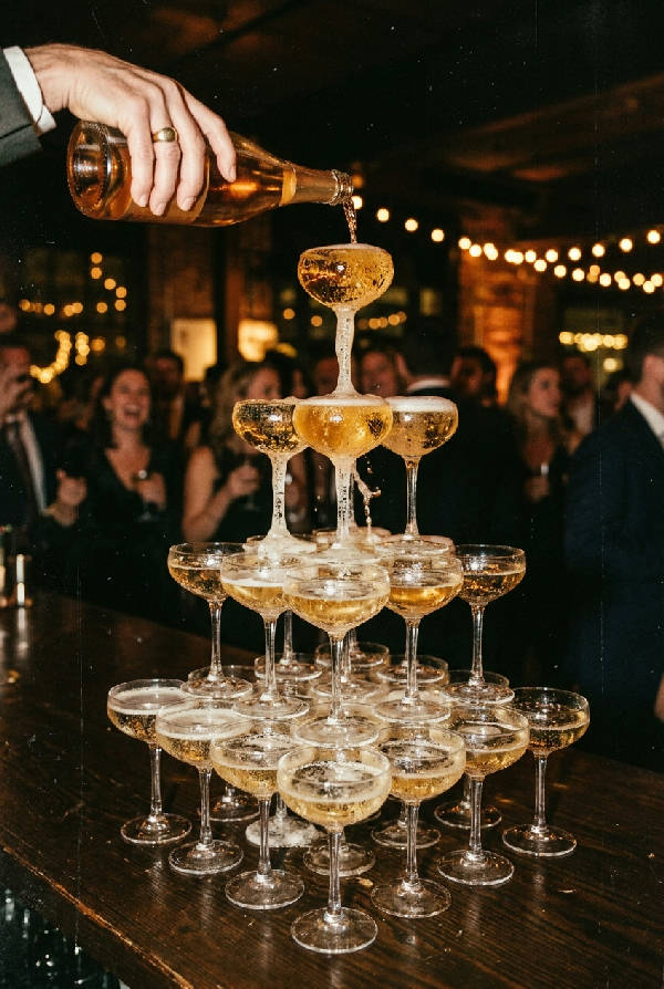 Ett högt torn av champagneglas, med champagne som hälls från toppen och rinner ner i de underliggande glasen.