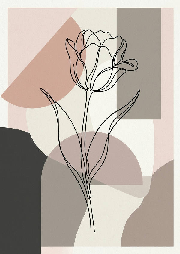Vertikalt konsttryck föreställande en stiliserad tulpan i svart line art med mjuka rosa och gröna pastellfärgade block. Minimalistisk blomsterdesign.