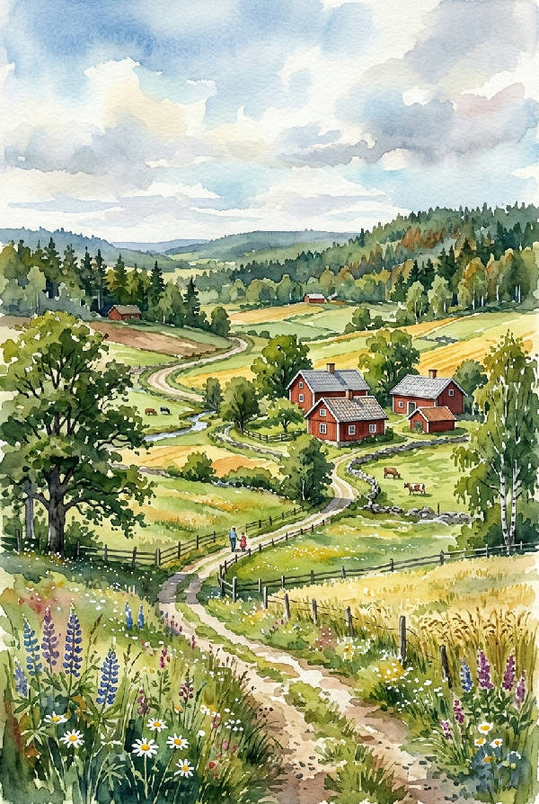 Måleriskt lantligt landskap med gröna fält, träd och en lugn himmel som förmedlar harmoni.