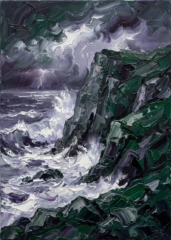Impasto oljemålning: robust kustklippa, kraschande havsvågor, stormig himmel. Skiffergrå, smaragdgrön, violett, vit.