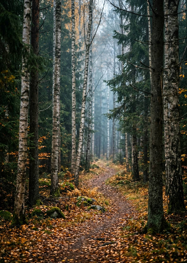 Minimalistisk bild av svenska barrträd i ett dimmigt skogslandskap i gröna nyanser.
