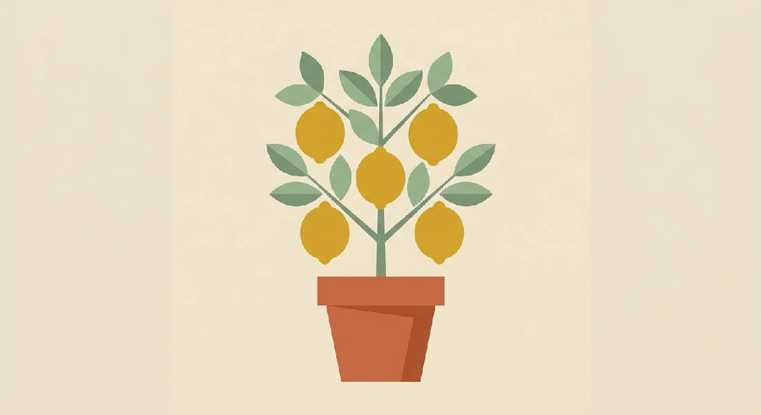 Mid-century modern illustration av ett stiliserat citronträd i en terrakottakruka, platt vektorkonst med senapsgula citroner och salviagröna löv, varm beige bakgrund.