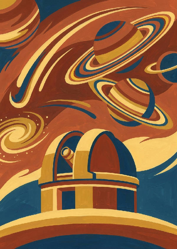Stiliserad gouacheillustration av ett 70-tals rymdobsevatorium under en färgstark kosmos med Saturnus-planeter och stjärnfall i varma toner.
