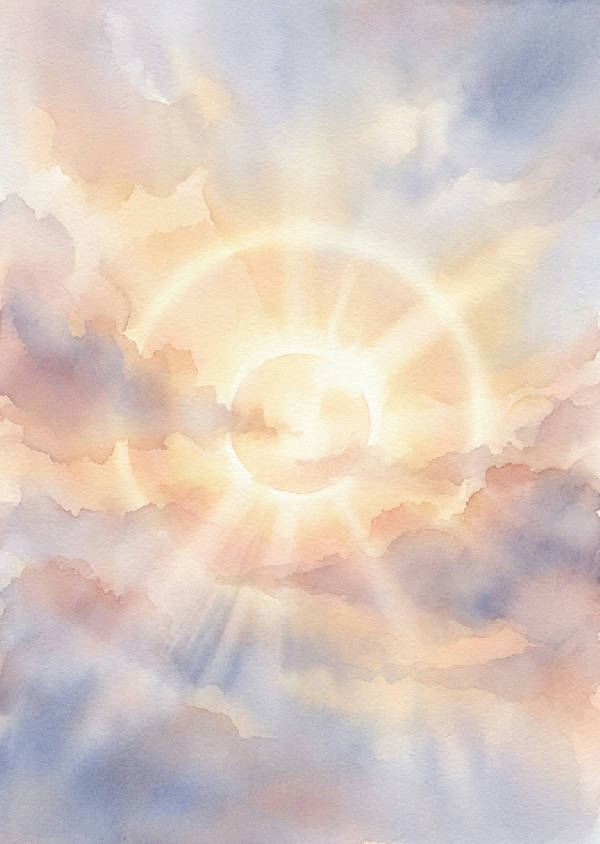 Akvarellmålning av en glödande solhalo på en dimmig himmel i mjuka nyanser av persika, rosa och blekblått.