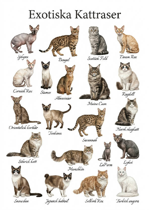 Zoologisk illustration av över 20 exotiska kattraser på vit bakgrund, med namn som Sphynx och Siames.