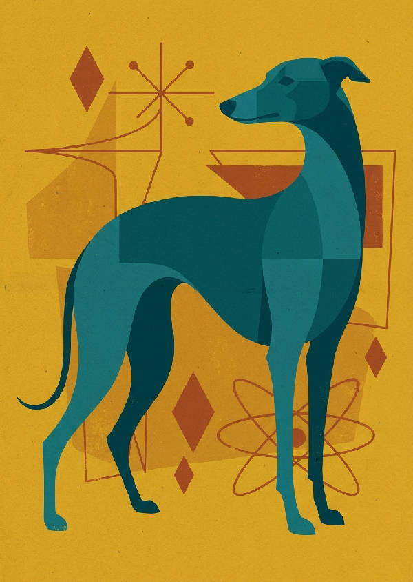 Stiliserad whippet-hund i profil i djupblått mot en senapsgul bakgrund med geometriska accenter i minimalistisk retrostil.