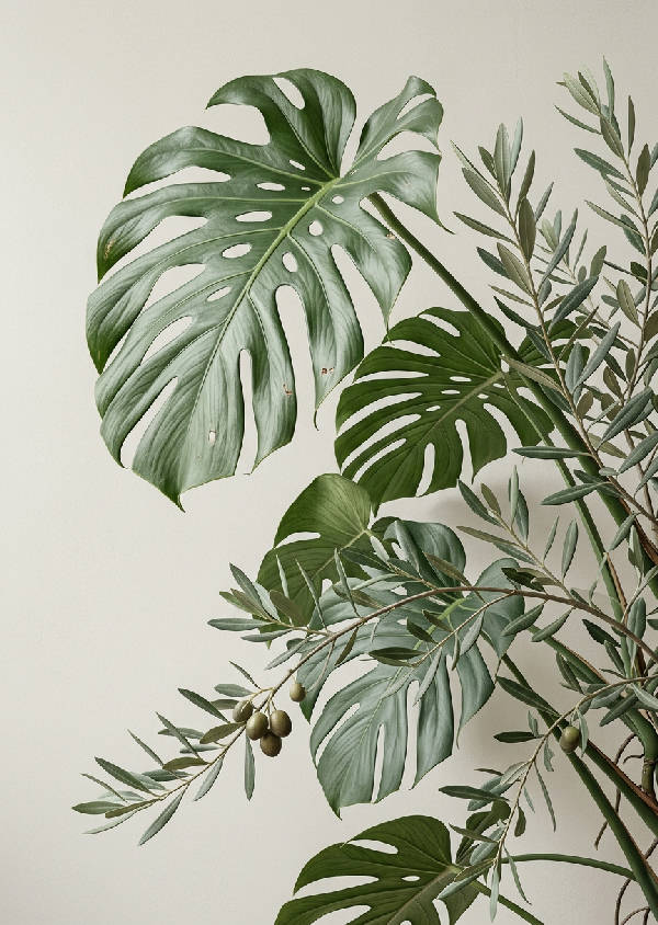 Närbild av detaljerade olivkvistar och stora monsterablad i en minimalistisk komposition med mjukt naturligt ljus