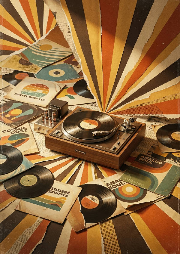 Vintage digitalt kollage av 70-talsskivspelare, vinylskivor, retro solstrålar. Bränd orange, sepia, grädde, teal toner.
