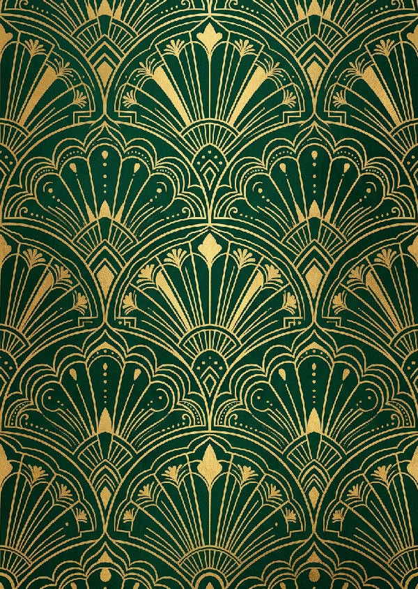 Närbild av ett intrikat Art Deco-mönster med stiliserade geometriska former och linjer i smaragdgrön