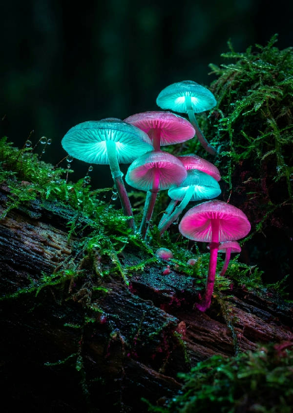 Makrofotografi av lysande bioluminiscenta svampar i cyan och magenta som växer på en mörk mossig skogsstock.