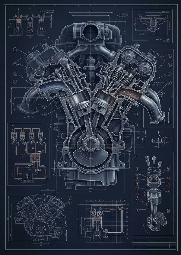 Närbild av en komplex V8-motorritning med schematiska detaljer och mått i gråskala.